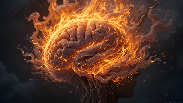 Burning head. Mental health concept