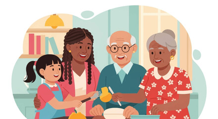 Joyful multi-generational family cooks together, fostering bonding and shared experiences. Perfect for lifestyle, family, and educational concepts.