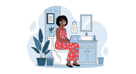 Woman in VR headset and headphones working on a laptop while sitting on a toilet in a bathroom. Depicts remote work, digital immersion, or modern multitasking. Humorous business concept.