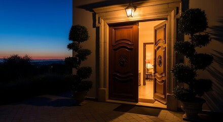 An inviting open wooden door welcomes visitors to a luxurious home at twilight with warm interior light