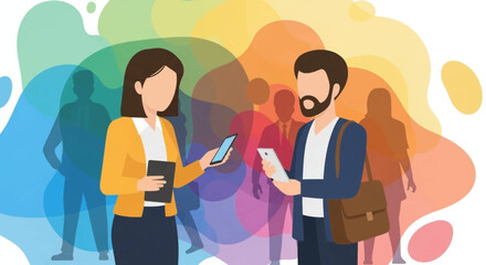 Two professionals using mobile devices in a vibrant, abstract setting with silhouettes. Represents modern digital communication, networking, and community.
