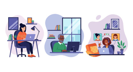 Diverse individuals work remotely and connect online from their comfortable home offices, illustrating modern flexible work environments and virtual collaboration.