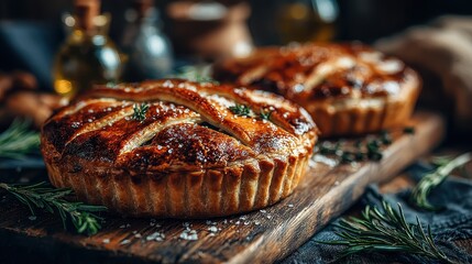 Two golden brown meat pies garnished with fresh rosemary on rustic wooden cutting board