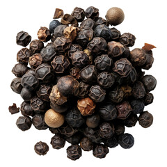 Pile of peppercorns close up detail macro shot for food spice condiment use isolated on transparent background, png
