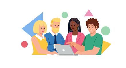 Diverse team collaborating on a laptop, discussing ideas in a modern business or educational setting. Teamwork, innovation, and digital communication.