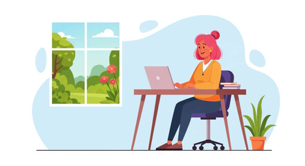 Happy woman working remotely on laptop from home, enjoying a productive day with a view of nature, symbolizing flexible work and modern lifestyle.