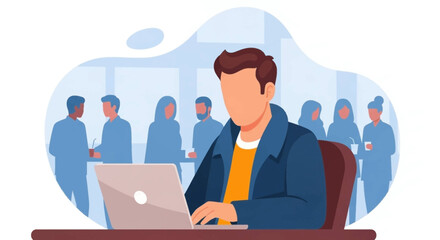 Productive professional working on a laptop in a modern office or co-working space, surrounded by a diverse team. Ideal for business, technology, and collaboration concepts.