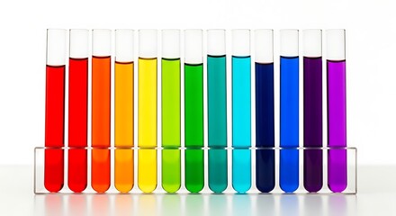 Colorful liquids in test tubes arranged in a rainbow spectrum isolated on white background
