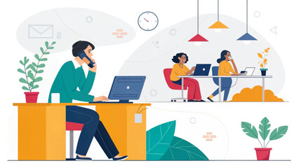 Diverse professionals working productively on laptops and phones in a modern, vibrant office. Depicts teamwork, communication, and a dynamic business environment.