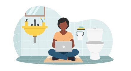 Person working remotely on laptop in a bathroom, symbolizing flexible work-from-home arrangements and unconventional workspaces. Modern lifestyle and productivity.