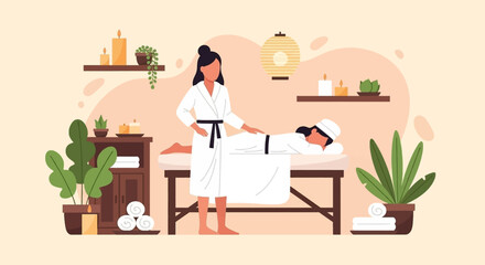 Woman enjoying a relaxing spa massage in a tranquil wellness center, surrounded by soothing plants and candles. Ideal for health, beauty, and self-care concepts.