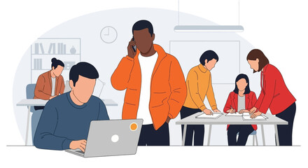 Diverse team working efficiently in a dynamic modern office. Illustrates teamwork, collaboration, and productivity for business concepts.