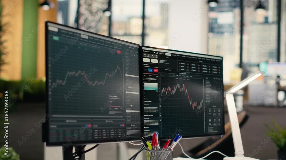 Poster stock exchange metrics insights displayed on computer screens in hedge fund business office. pc moni