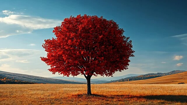 A solitary red maple tree stands in a field against a backdrop of hills and a cloudy sky.