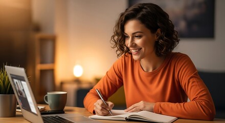 A smiling woman with curly brown hair sits at a desk at night, actively participating in an online video conference while taking notes in a notebook. She appears happy and engaged in her wor