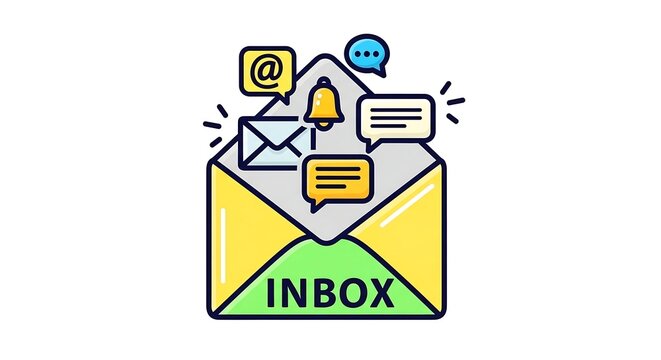 Email inbox illustration with various icons and messages symbolizing digital communication