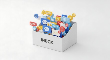 Email inbox overflowing with digital communication icons isolated on white background