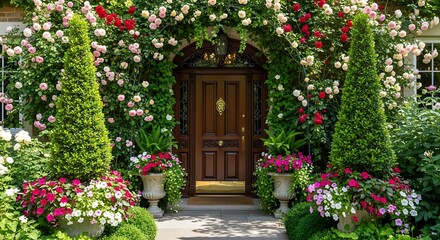 Obraz premium Beautiful entrance to a house with a rose archway and manicured topiary in the garden