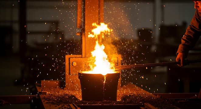 Molten metal being poured into a bucket in a foundry, sparks flying in the dark