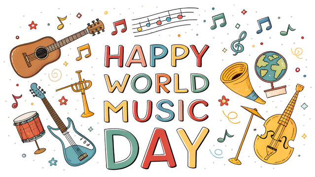 Happy world music day celebration with musical instruments guitar trumpet drum violin and music notes vector - Powered by Adobe