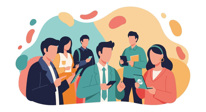 Diverse professionals connect and collaborate using digital devices in a modern, vibrant setting. Ideal for business, technology, and teamwork concepts.