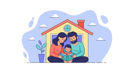 A happy family reads a book together at home, emphasizing love, learning, and domestic harmony. Ideal for parenting, education, and secure living concepts.