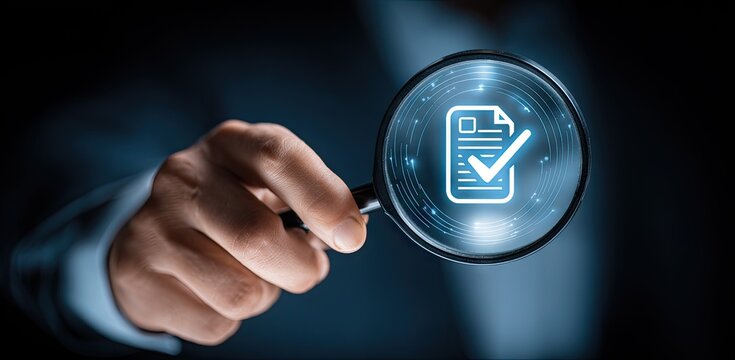 Document verification A hand holds a magnifying glass focusing on a digitally displayed checked document, symbolizing thorough review and approval processes