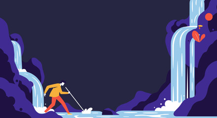 Determined person explores a vibrant natural landscape, carefully navigating flowing water between two majestic waterfalls, symbolizing an adventurous journey or discovery. © Creative Office Pro
