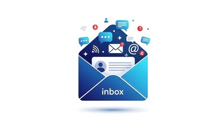 Open blue envelope with inbox messages and notifications isolated on white background