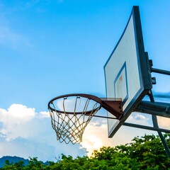 Basketball hoop against a clear blue sky
