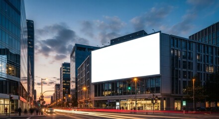 Obraz premium Modern Cityscape at Dusk with Large Blank Billboard and Light Trails-Mockup