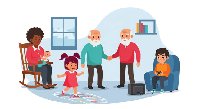 Happy multi-generational family enjoying various activities at home. Grandparents, children, and a baby share moments of play, connection, and relaxation.