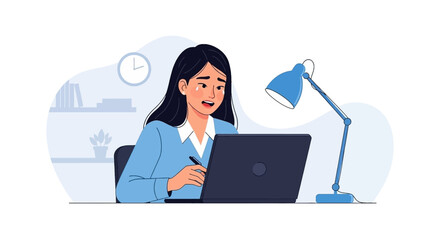 Distressed woman crying at her desk while working on a laptop, depicting burnout, mental health struggles, or emotional stress in a business or study setting.