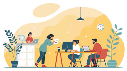 Diverse team collaborates in a modern, vibrant office setting. Illustrates productivity, teamwork, and a dynamic work environment for business concepts.