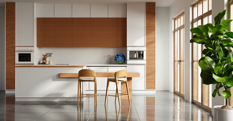 Modern kitchen interior with wooden accents, island counter, and natural light- 3D rendering