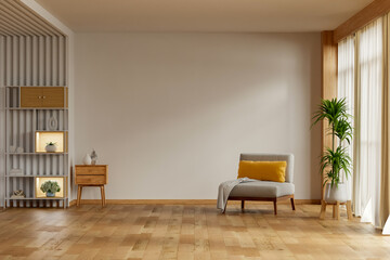The image shows a bright and clean living room with a minimalist design- 3D rendering