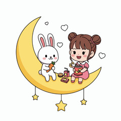 Obraz premium A cute cartoon rabbit with a carrot and a girl eating snacks sit on a crescent moon with hanging stars