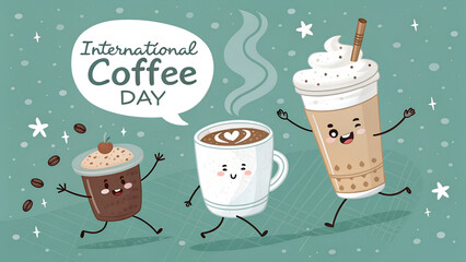 International coffee day cartoon illustration with cute coffee cups and coffee drinks vector art