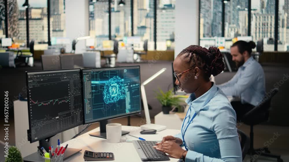 Aufkleber portfolio manager in office using ai tech to evaluate capital allocation based on economic charts. a