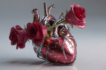 Emotional Roses Growing from a Cracked Robot Heart: Enhanced Digital Art