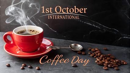 International coffee day october celebration red cup with steam and coffee beans background image