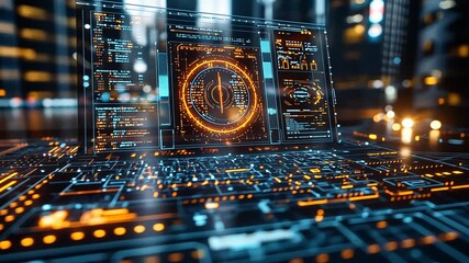laptop displays complex interface with digital data against vibrant cityscape at night for integration of technology urban life finance science high tech visuals concept - Powered by Adobe