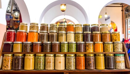 Variety of spices and herbs in glass jars on wooden shelves.
