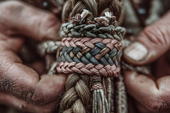 Details of a pagan handfasting ceremony with a weaved ribbon in Iceland
