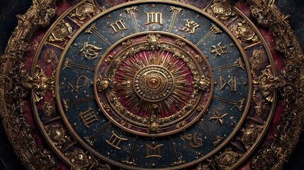 Ornate astrological zodiacal calendar illuminated against vast expanse of the night sky full of stars and galaxies
