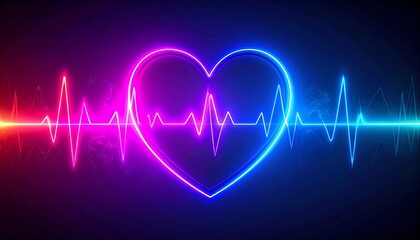 Neon heart design encompassed by a vibrant electrocardiogram waveform, showcasing a dynamic interplay of color and form.