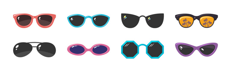 Sunglass flat icon set. Various types, modern shape, retro style, oval frame, round lens, cat eye, geometric design, black glass, tinted surface, palm reflection, cartoon colorful summer accessory