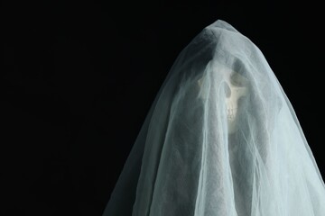 Creepy ghost. Skeleton covered with white sheet on black background, space for text