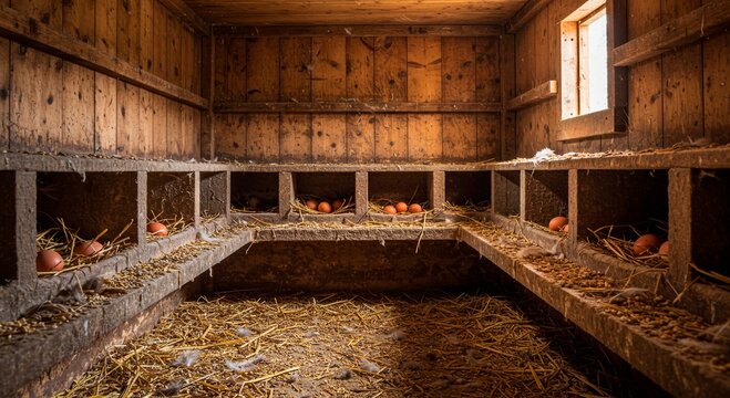 Interior view of a wooden chicken coop with straw and eggs in nesting boxes under a small window