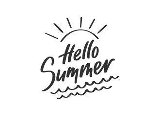 Handwritten lettering Hello summer in black ink calligraphy. Brushstroke modern summer time signage with sea waves and sun beams. Decorative playful freehand live signature for print banner poster